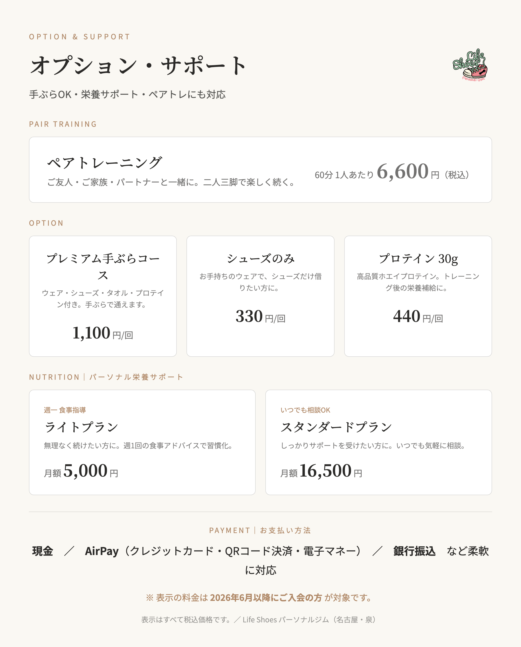 オプション・栄養サポート・ペアトレ・支払い方法